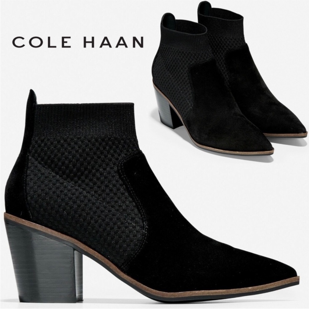 Cole Haan Maggie Black Suede Leather Ankle Boots Pointed Toe Block Heel 10.5